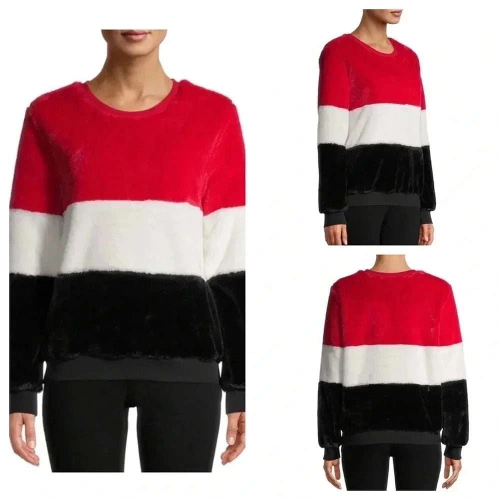 NO BOUNDARIES* Women’s Faux Fur Color-Blocked Red/White/Black Sweatshirt Sz XXL